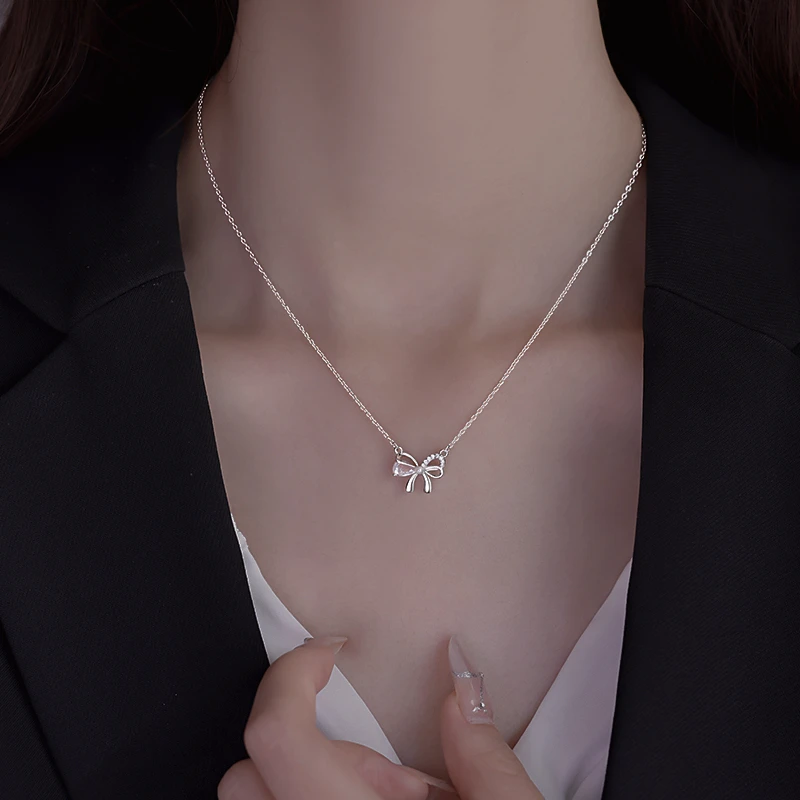 坠链均925银锆石 925银蝴蝶结锆石项链女2025新款爆款小众锁骨链