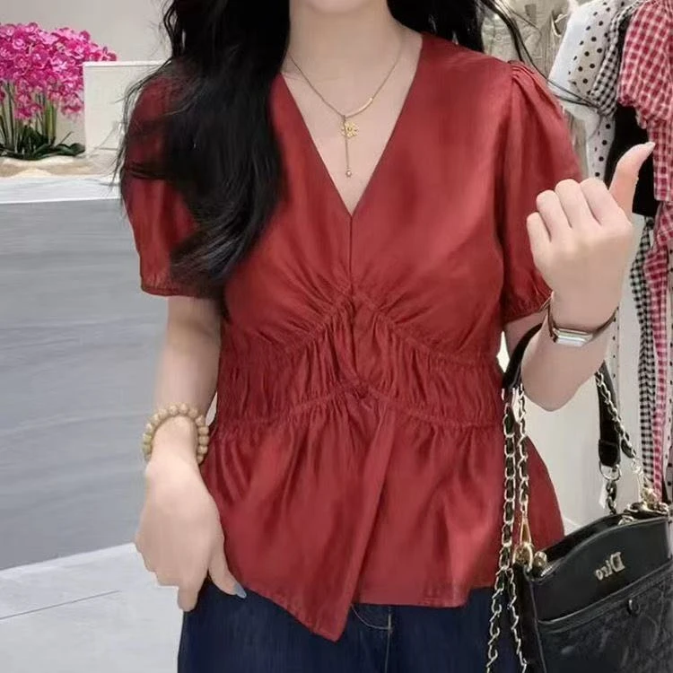 高级感甜美显瘦收腰纯色V领短袖衬衫夏新款宽松洋气百搭别致上衣