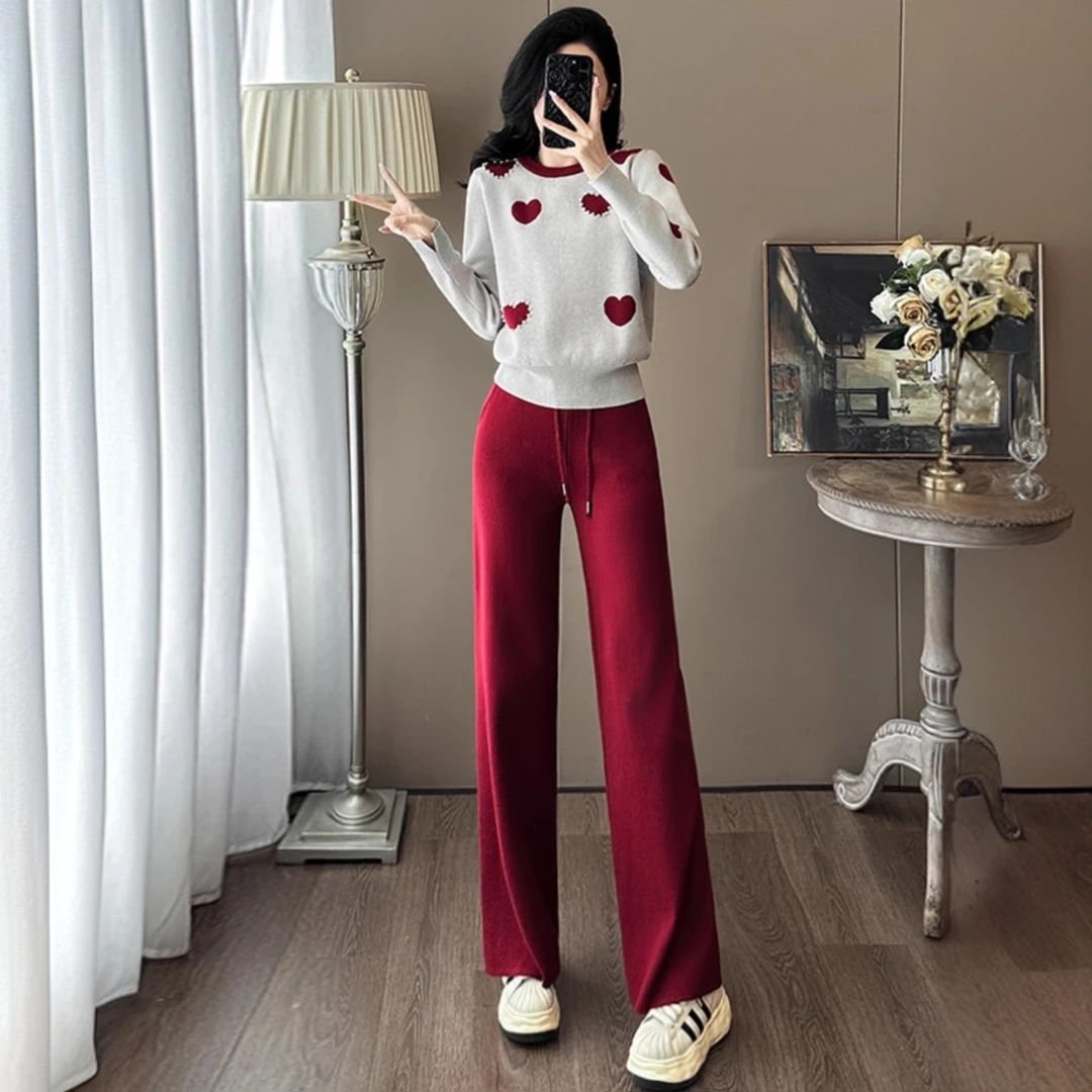 918甜美少女感休闲时尚套装春装款洋气减龄针织衫红色阔腿裤套装