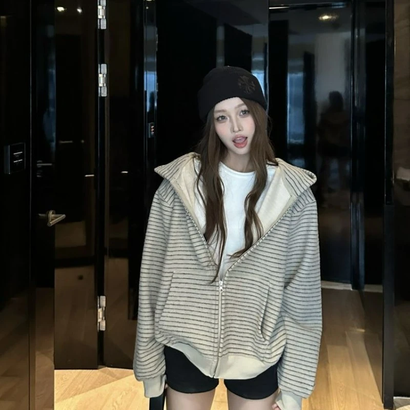 韩系慵懒风撞色条纹连帽拉链卫衣外套女秋季小众百搭宽松显瘦上衣
