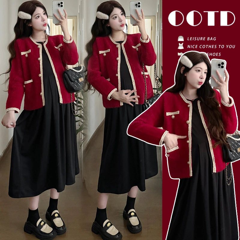 孕妇装秋冬2025新款红色小香风套装孕妈冬装气质两件套时尚连衣裙