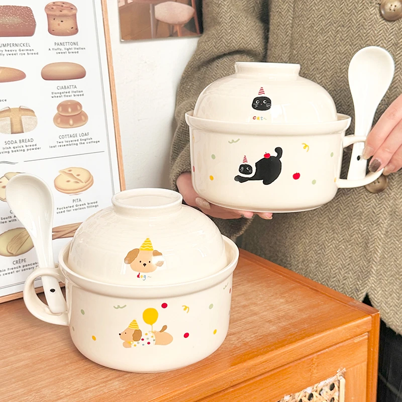 泡面碗学生宿舍学生家用日式可爱卡通大容量陶瓷带盖汤碗面碗饭碗