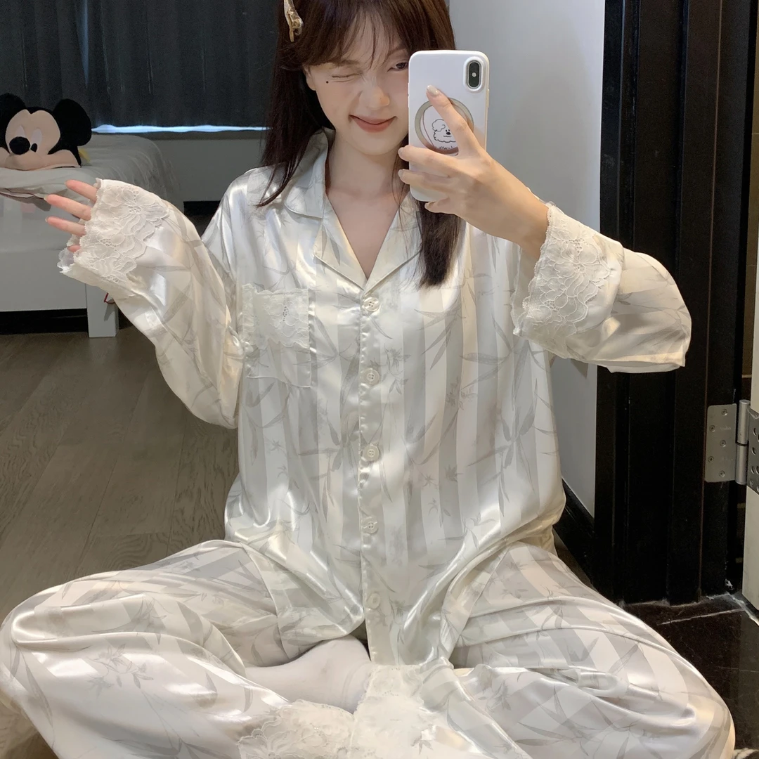 2025超火条纹冰丝睡衣女春秋季高级感国风竹子家居服长袖长裤套装