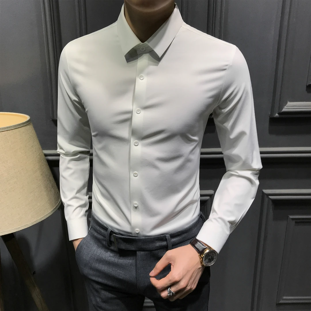 景君澜-轻奢商务高级感修身男纯色翻领明扣舒适抗皱内搭长袖衬衫