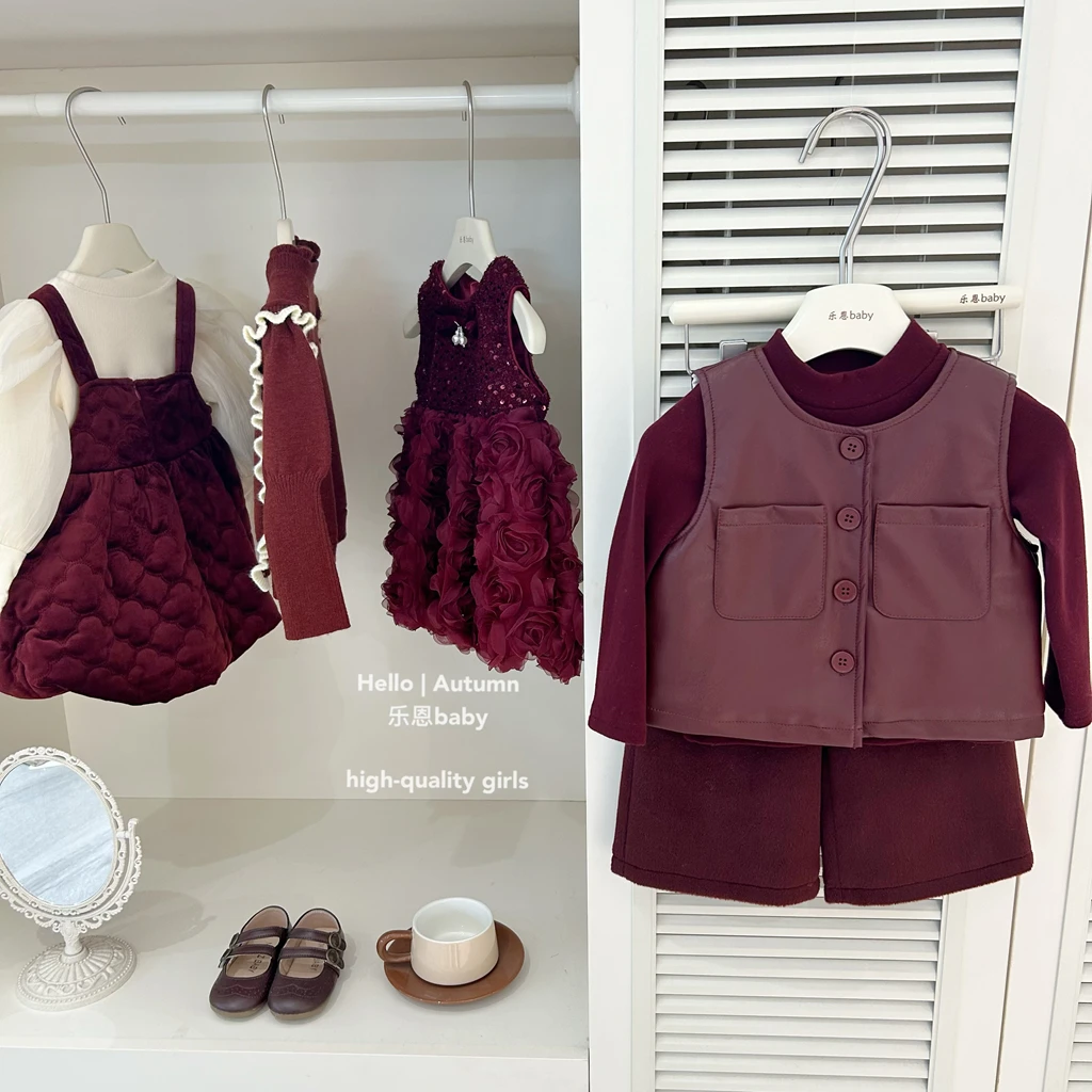 现货【乐恩童装】女童冬季过年衣服红色pu皮马甲打底衫休闲裤三件套