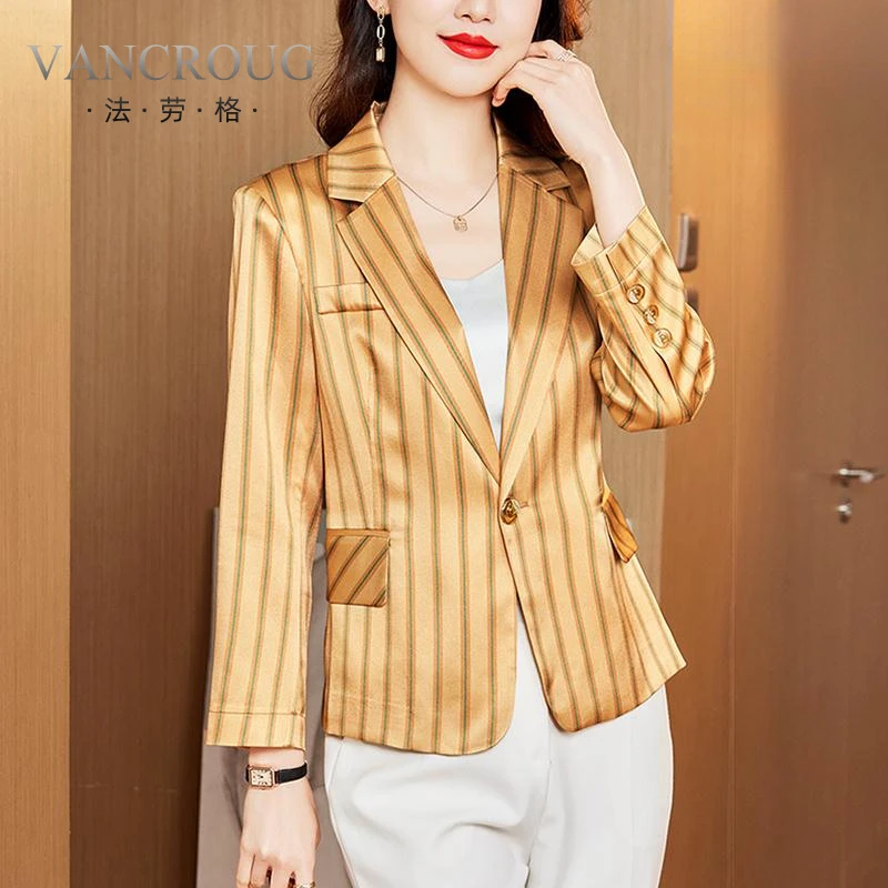 法劳格重磅真丝小西装外套女2025春装新款桑蚕丝条纹宽松小个子