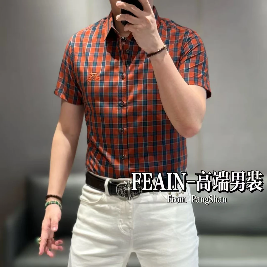 高端定制男士梭织工艺经典格子纹立体刺绣胸标短袖衬衫6055