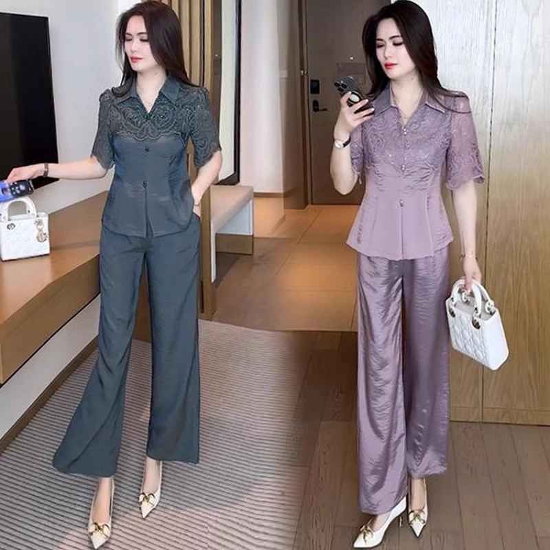 时尚套装女2025夏季新款洋气显瘦设计感短袖衬衫阔腿裤两件套潮