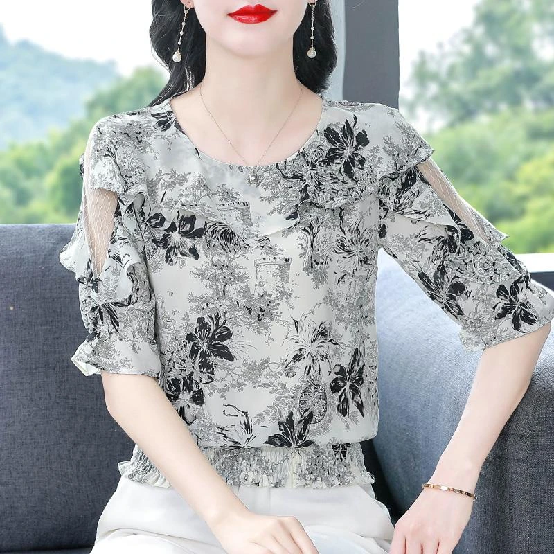 水墨印花短袖雪纺衫女士夏装新款荷叶边减龄小衫气质显瘦短款上衣