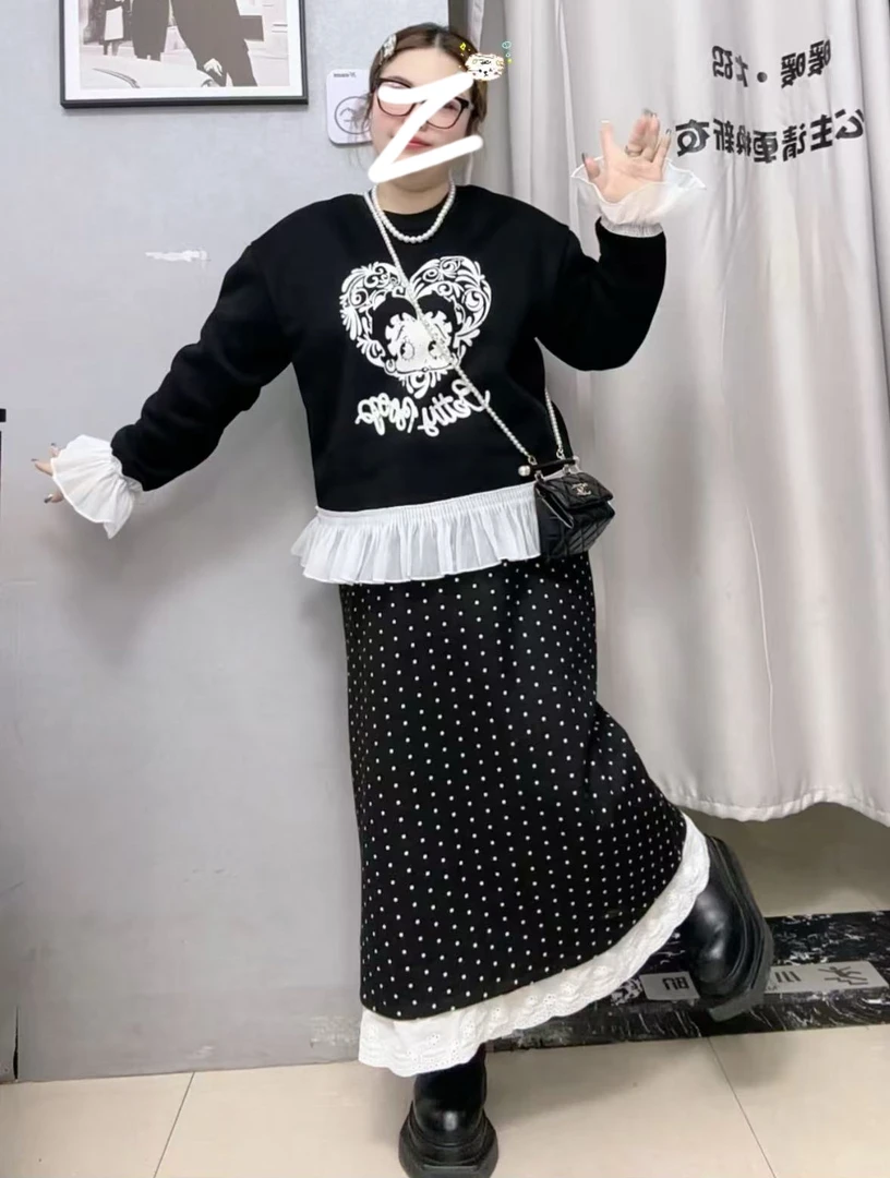 INS东大门甜美贝蒂蕾丝花边可爱遮肚波点裙木耳边拼接胖mm两件套