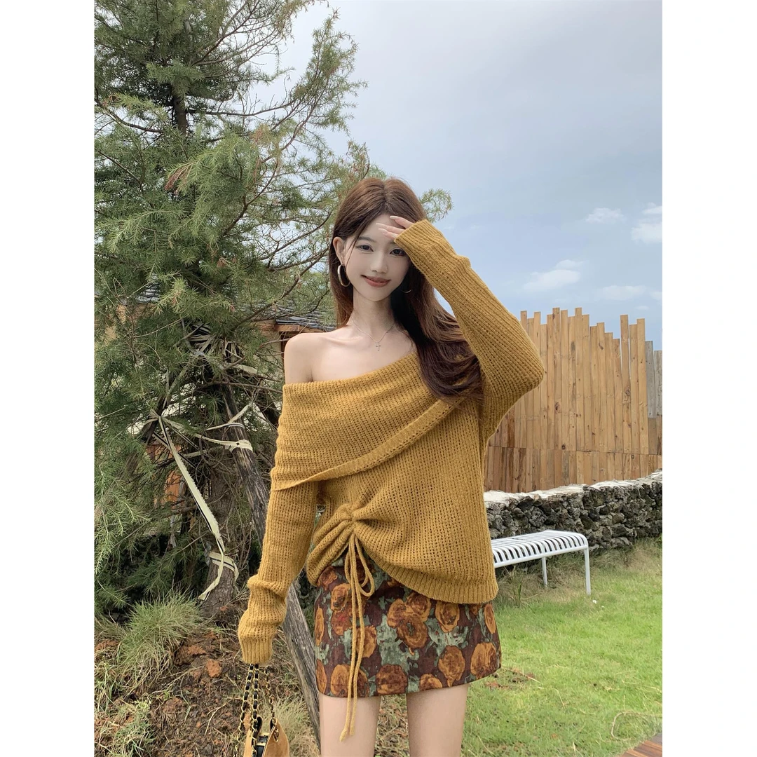 美拉德废土小香风咖色一字肩针织衫套装女时尚百搭半身裙子两件套