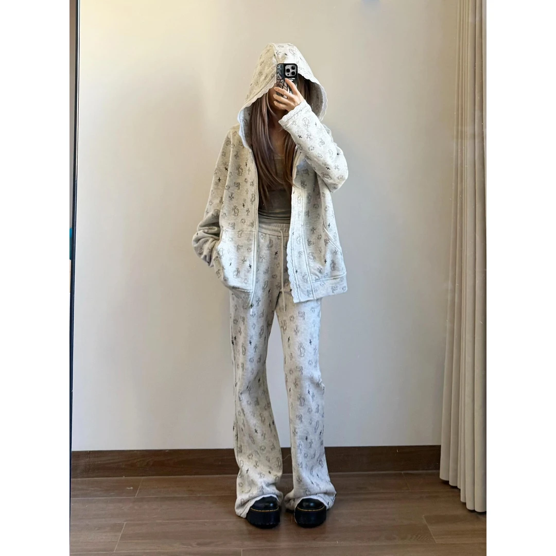 蕾丝边Kitty连帽卫衣睡衣女款秋季新款长袖长裤可外穿家居服套装