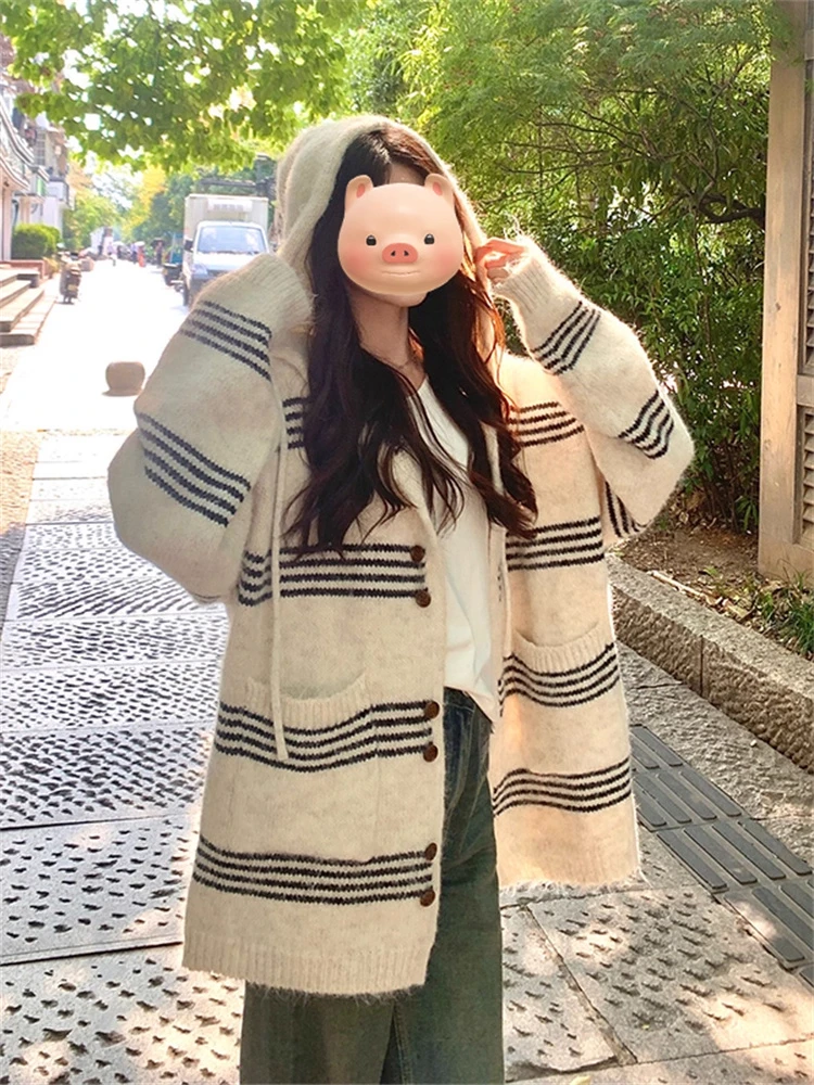慵懒风撞色条纹连帽毛衣外套女秋冬季韩系宽松中长款针织开衫上衣