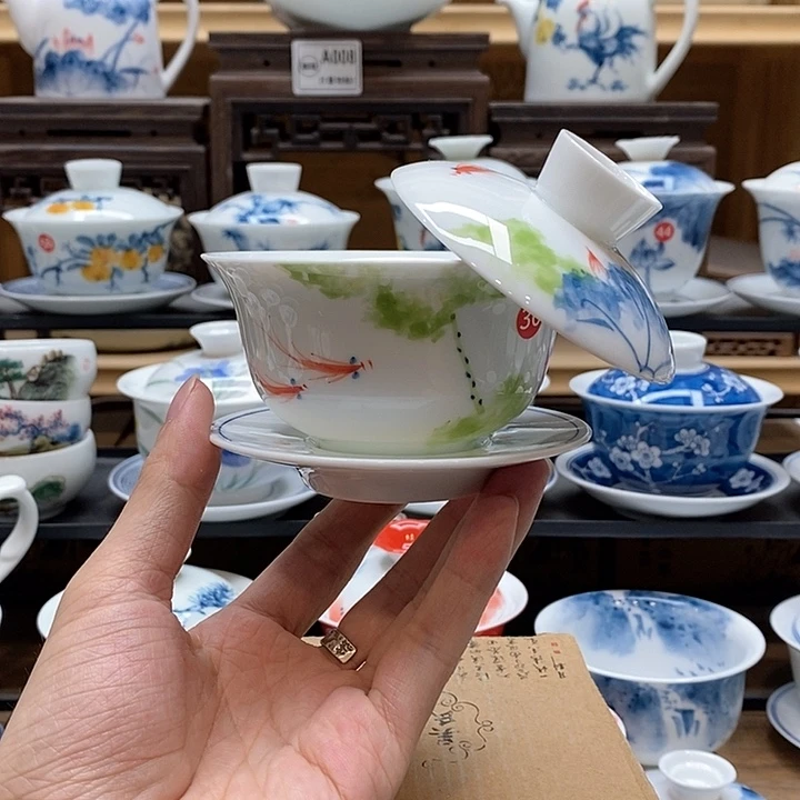 手绘五彩荷花悬停盖碗150cc釉下彩微瑕福利款