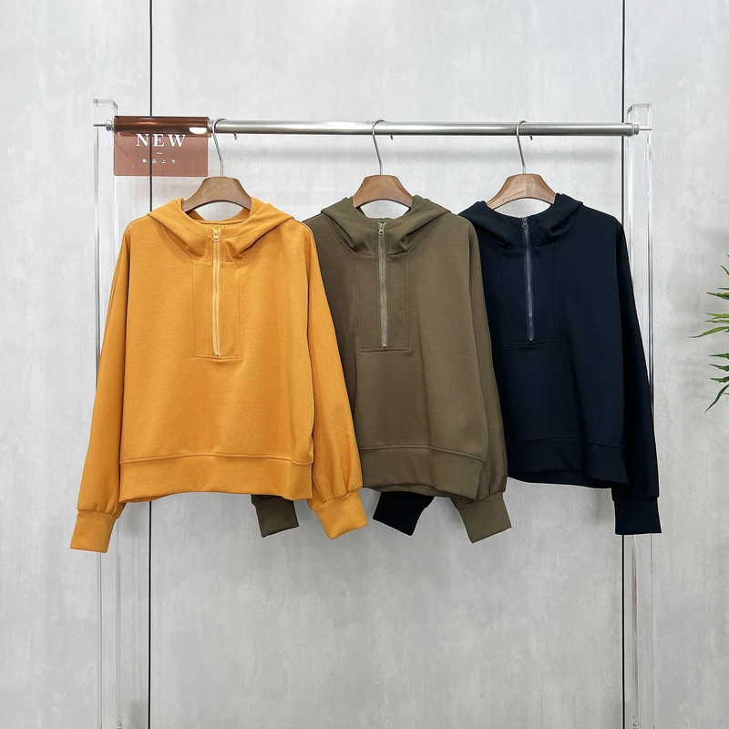 时尚纯色简约半拉链连帽卫衣女秋季新款韩版减龄休闲上衣潮FH9690