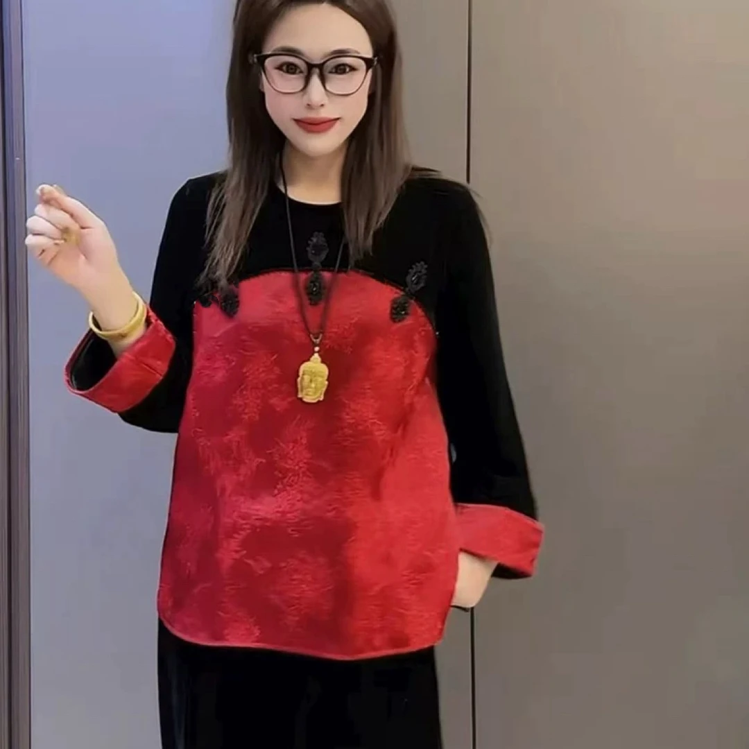 867新年洋气百搭喜庆新中式提花拼接丝绒圆领重工钉珠盘扣国风衫