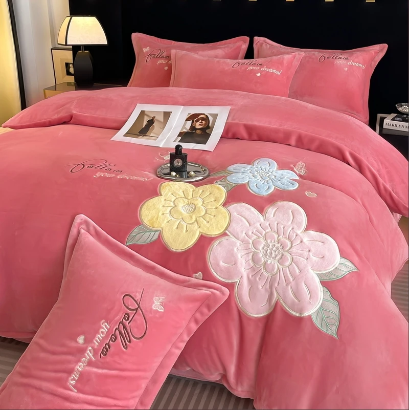 【花语粉】婴儿牛奶绒床上四件套冬季珊瑚绒法兰绒床单被套双面