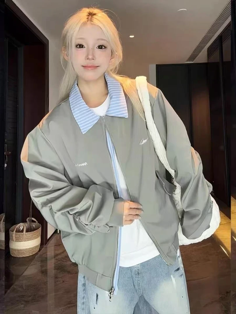 美式假两件翻领棒球服外套女款潮牌秋季宽松条纹拼接拉链夹克开衫