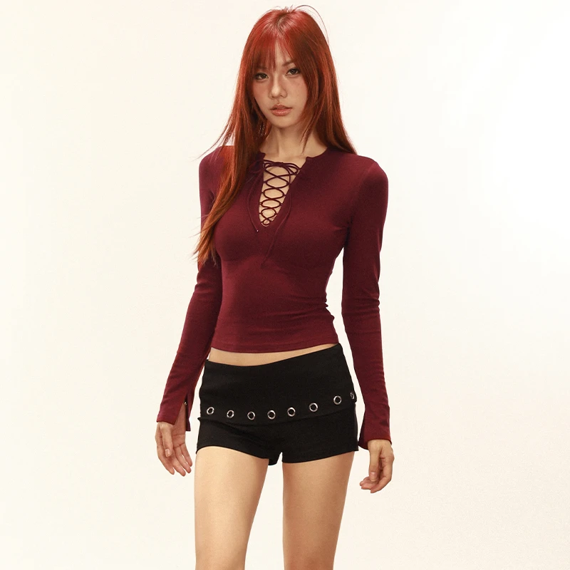 ROMORE  设计感镂空系带长袖T恤女2025秋新款美式复古显瘦打底衫