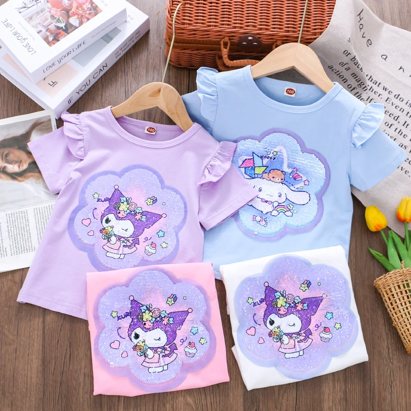 女童夏季新款短袖小女孩双面变色亮片T恤儿童薄上衣棉质衣服