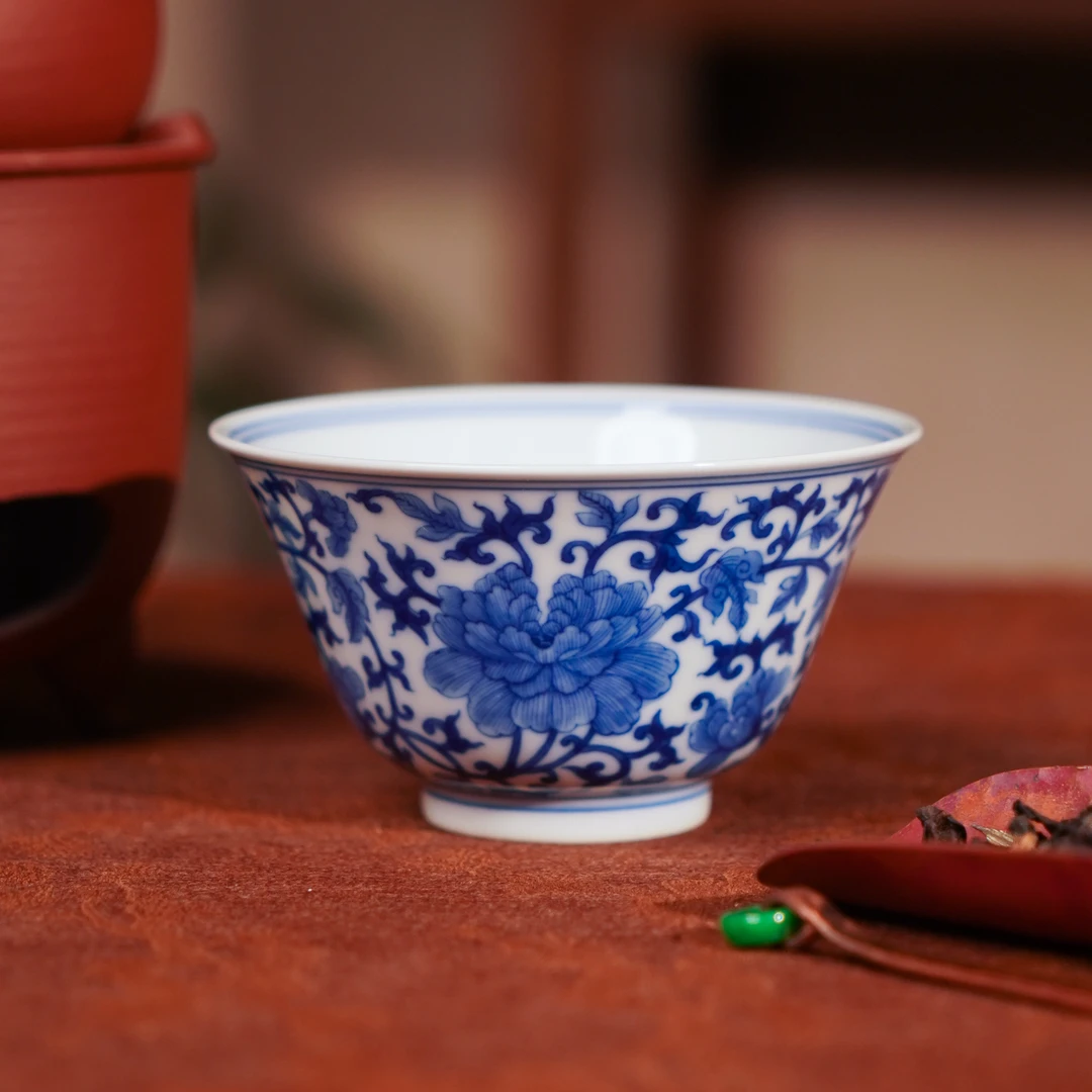 正德御窑刘建锋窑缠枝牡丹撇口杯  手工高档家用喝茶饮茶陶瓷茶具