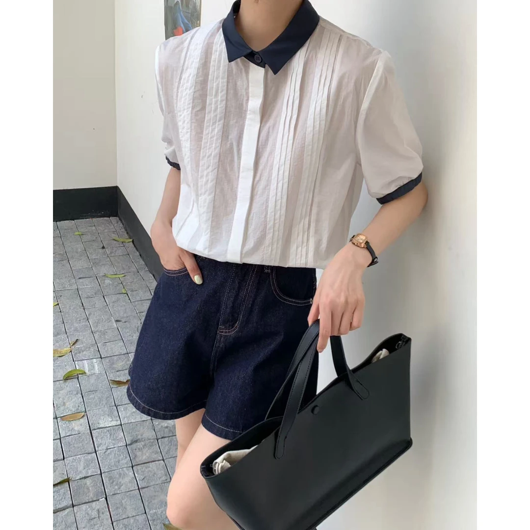【凉感文艺】夏季新款撞色翻领压褶设计短袖上衣休闲时尚百搭款衬衫