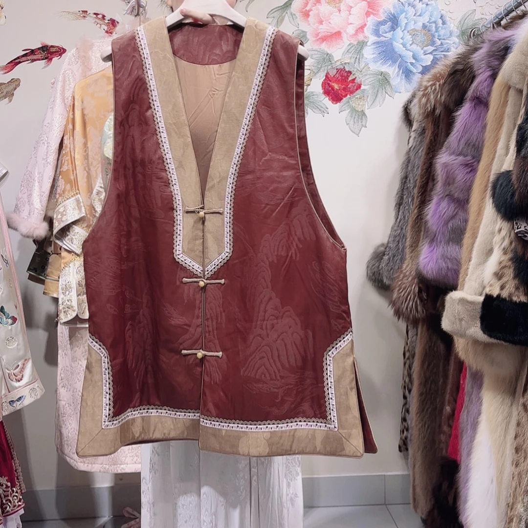 春秋款ｖ领一字盘扣香云纱加棉马甲