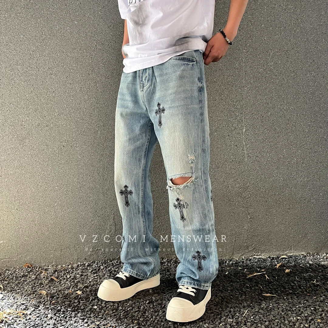 高街牛仔裤男款破洞个性印花宽松直筒潮流水洗美式巴黎风高端牛仔
