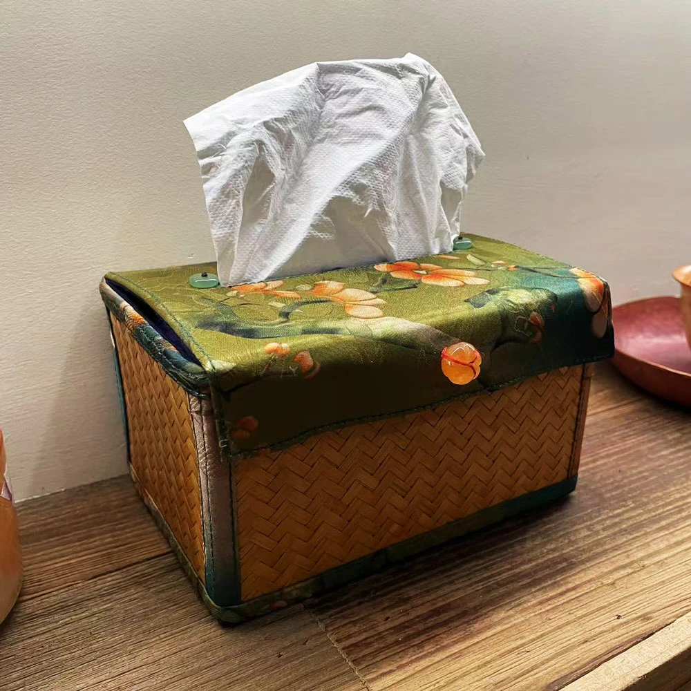 中式复古竹编缎面印花玉兰纸巾盒DM36-7
