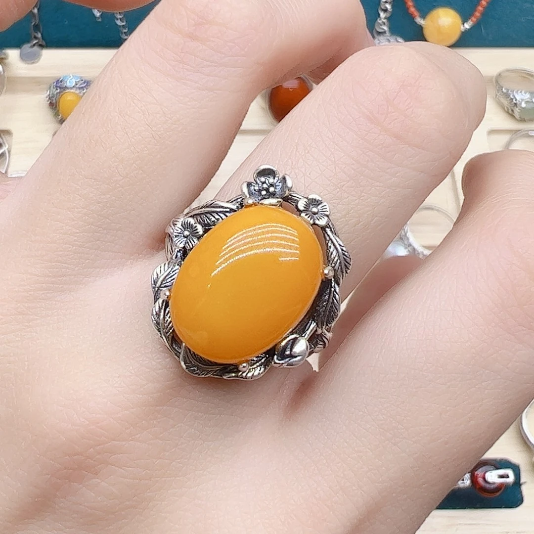 蜜蜡戒指银S925镶嵌天然