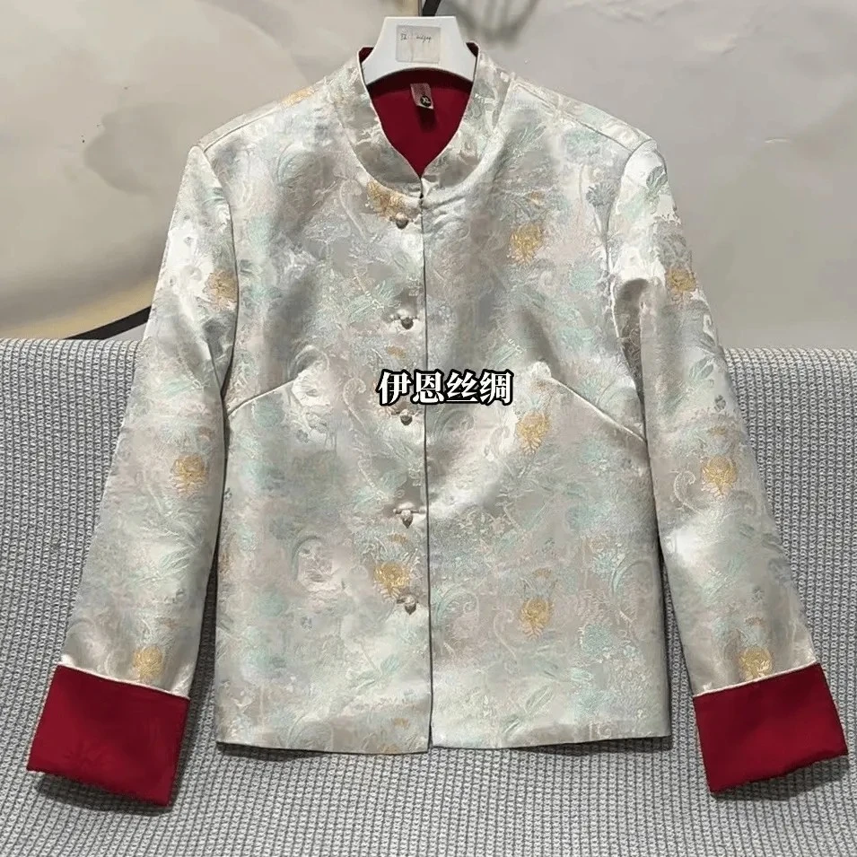 国风红双面开衫中式中春秋季立领提花休闲上衣女