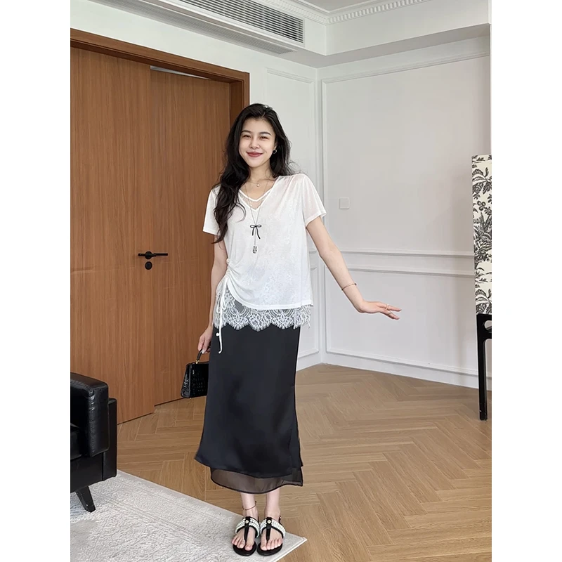 张阿星【精致夏日】慵懒莱赛尔假两件蕾丝拼接抽绳收腰T+飘纱半裙