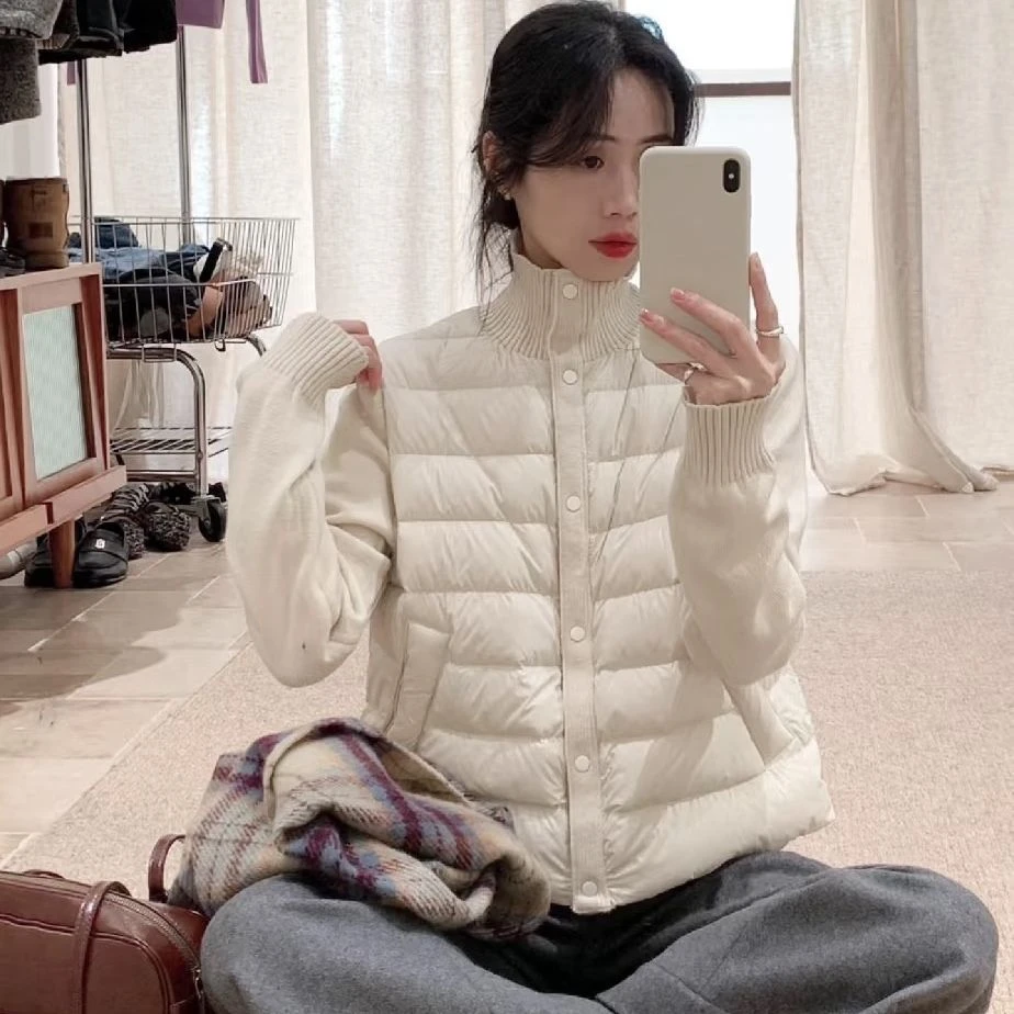 韩系秋冬新款时尚针织立领拼接白鸭绒羽绒服保暖轻薄打底外套女潮