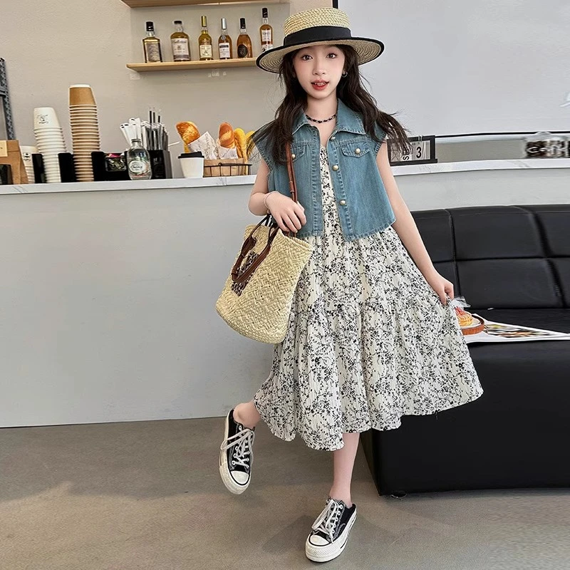 女童牛仔马甲连衣裙夏季2025款洋气女大童夏装碎花裙儿童长裙子