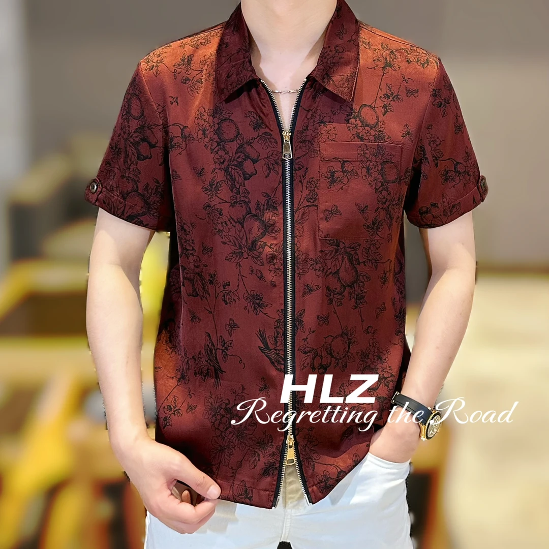 2025夏季新款修身男士休闲个性时尚喜鹊梅花印花双拉链短袖衬衫