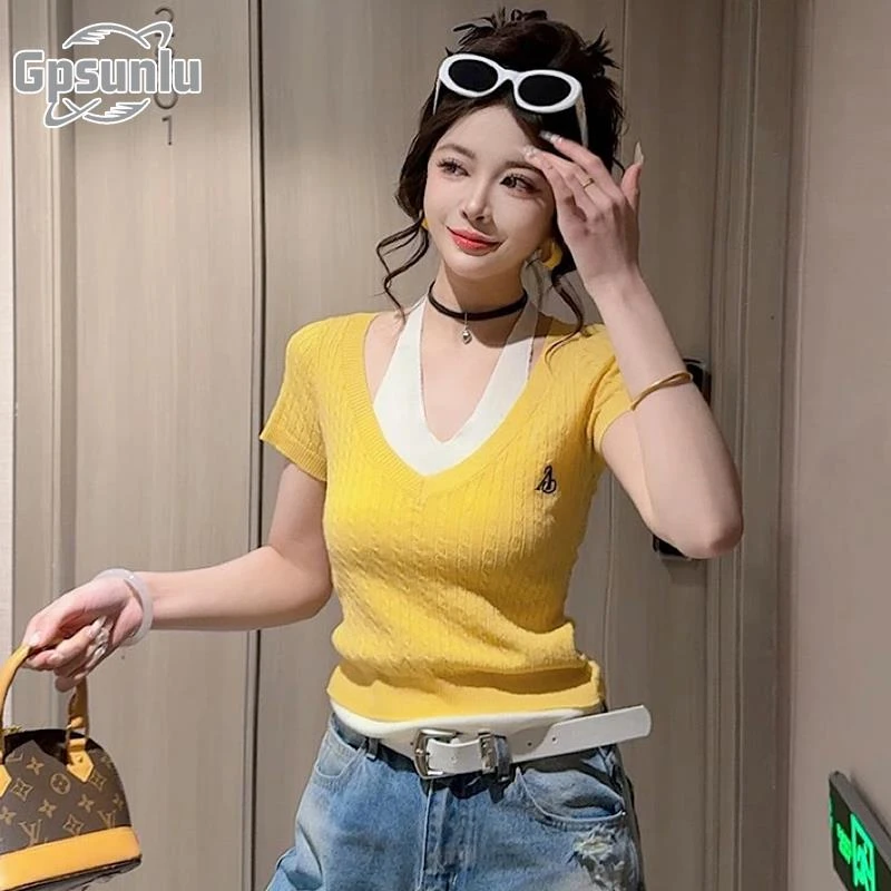 gpsunlu挂脖假两件短袖女春季新款修身显瘦纯欲上衣超好看打底衫