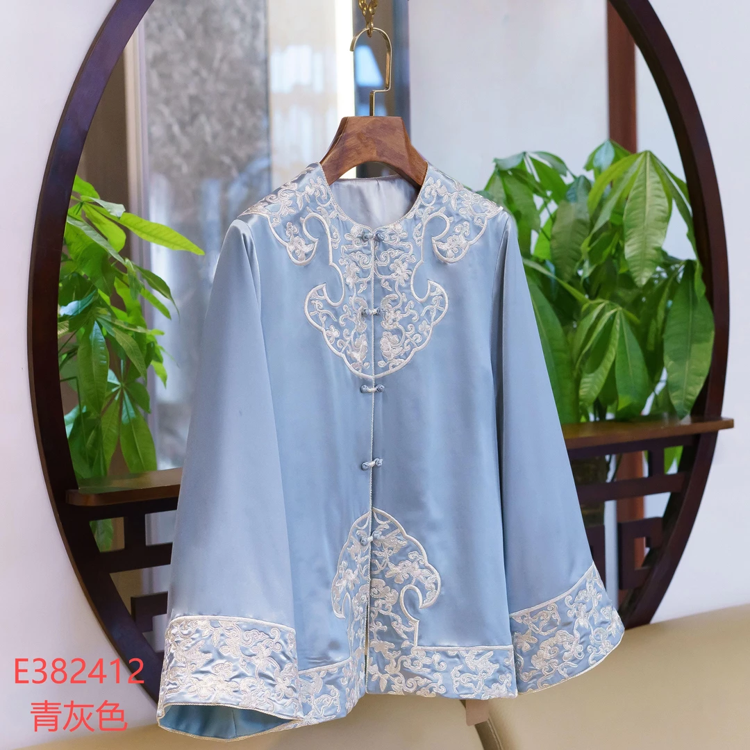 丝毛缎新中式国风桑蚕丝绣花圆领直襟长袖外套E-382412