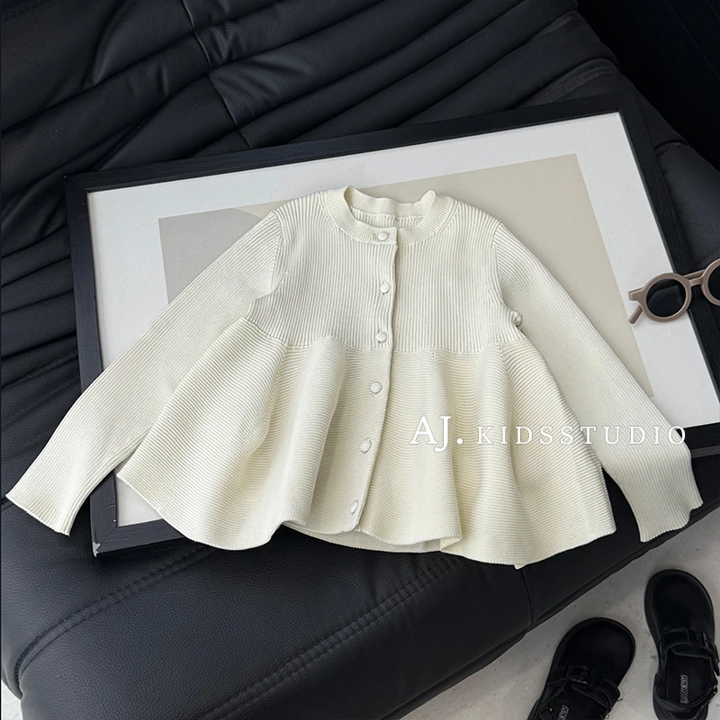 阿卷秋装女童韩版小众设计洋气裙边衣摆式针织毛衣开衫MPG6795