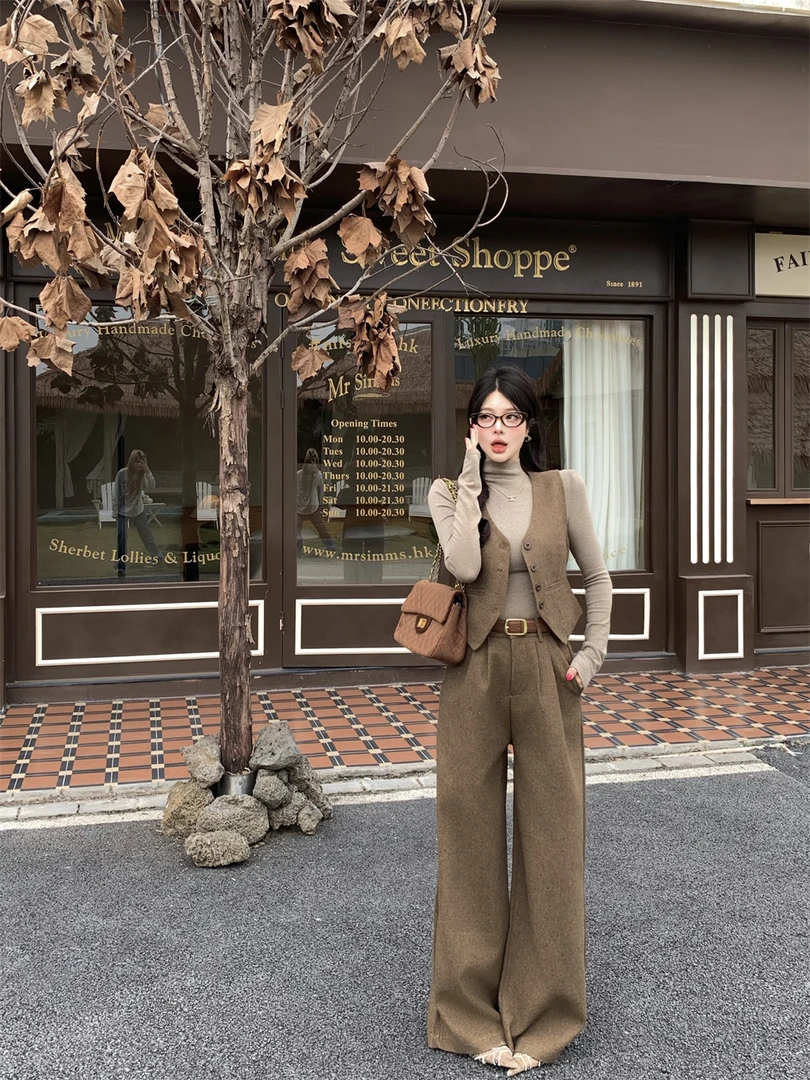 新款秋冬老钱风穿搭毛呢套装单排扣马甲背心搭高腰阔腿裤休闲裤女