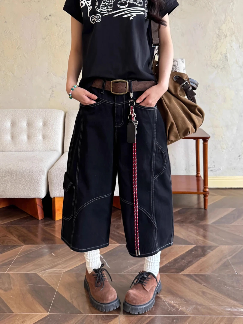 A1MP美式复古挂绳装饰阔腿七分裤夏季百搭休闲男女款宽松工装短裤