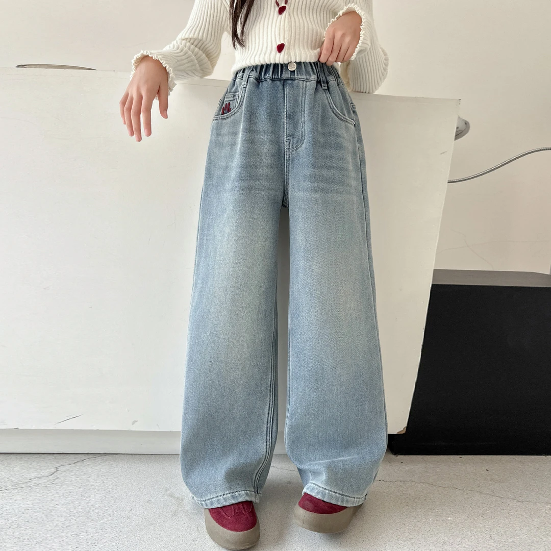 女童裤子秋冬2025新款儿童窄版直筒裤秋装女大童阔腿牛仔裤初中生