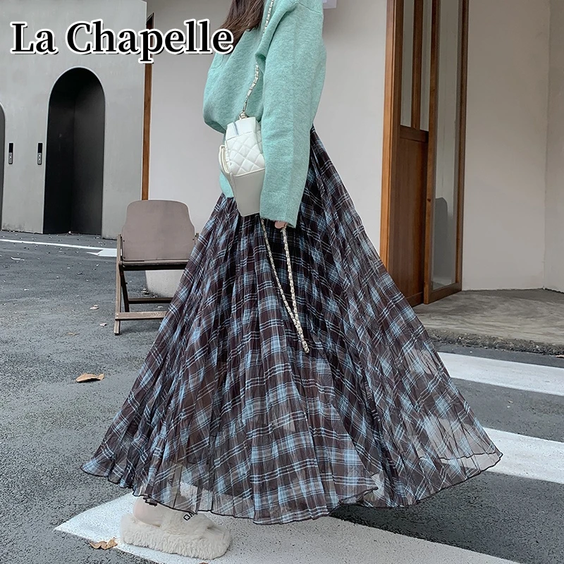 拉夏贝尔秋季复古格纹网纱不规则半身裙百搭显瘦中长A字大摆伞裙