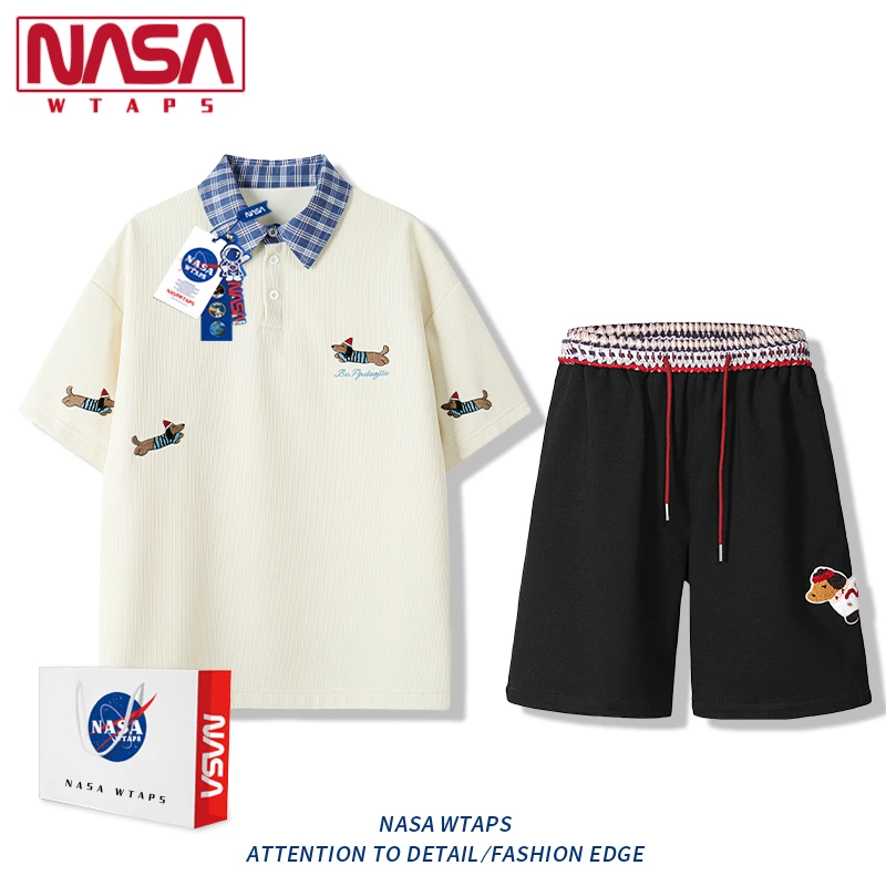 NASA WTAPS美式小狗刺绣短袖T恤套装男夏季冰丝休闲短袖短裤套装