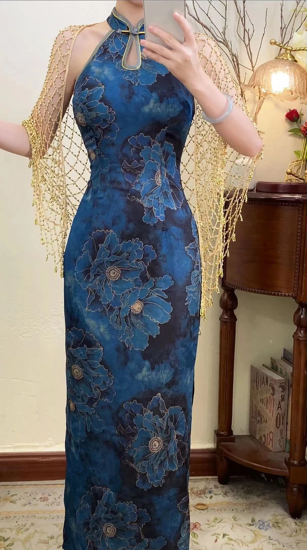 予溪自制【兰陵王】夏季新中式国风气质提花缎面挖肩旗袍连衣裙