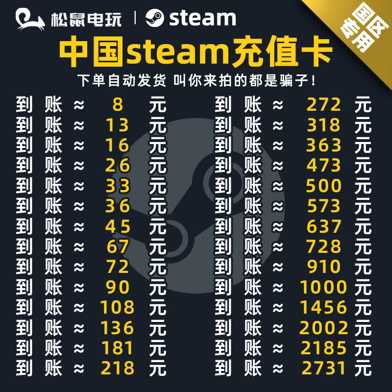 Steam国区【自动秒发】充值卡 中国区 国区钱包充值码 余额充值