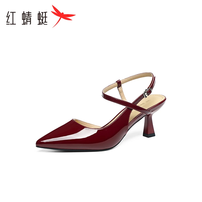 红蜻蜓红色高跟凉鞋女2025夏季新款女鞋尖头法式气质包头后空单鞋
