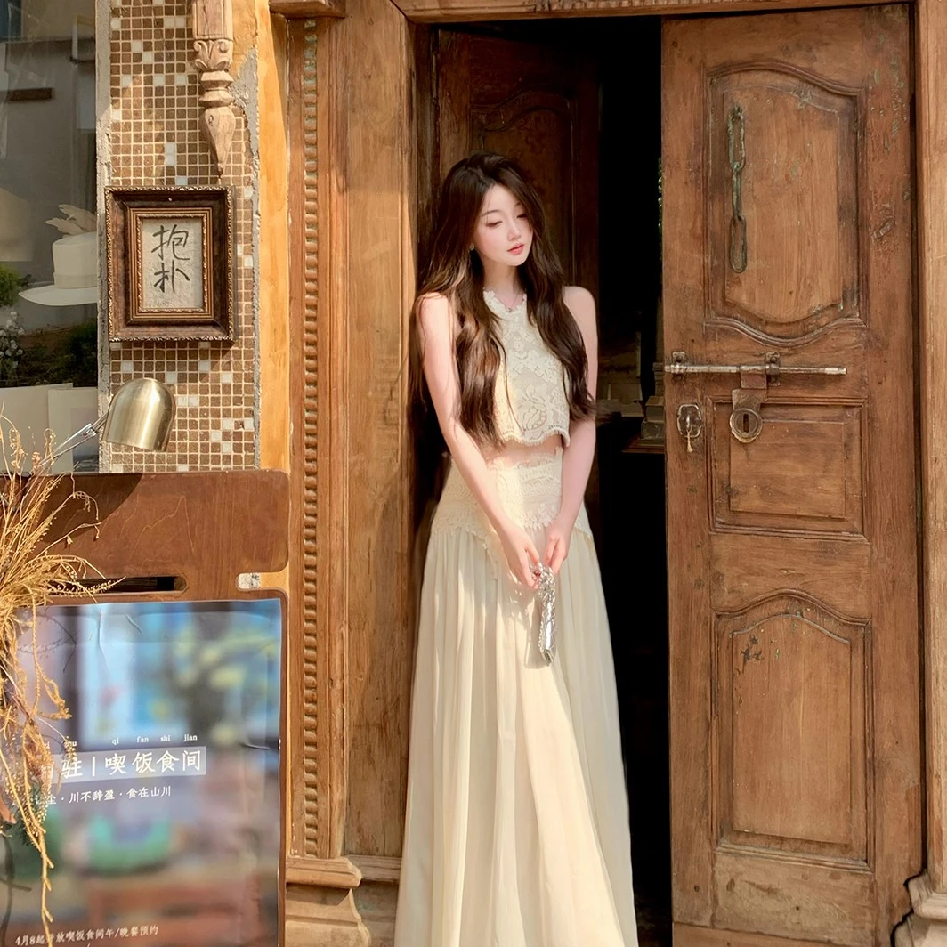 佐佐家小个子 无袖蕾丝上衣+半裙+裤子套装女夏季纯色气质两件套