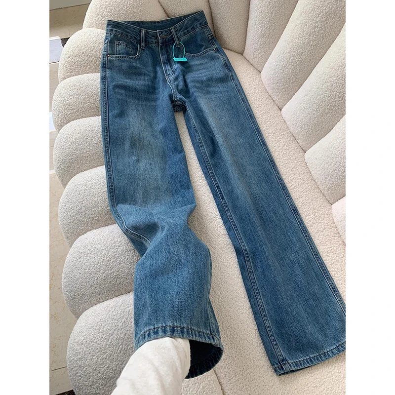 复古高腰阔腿牛仔裤女2025新款春季小个子窄版直筒拖地裤子春夏
