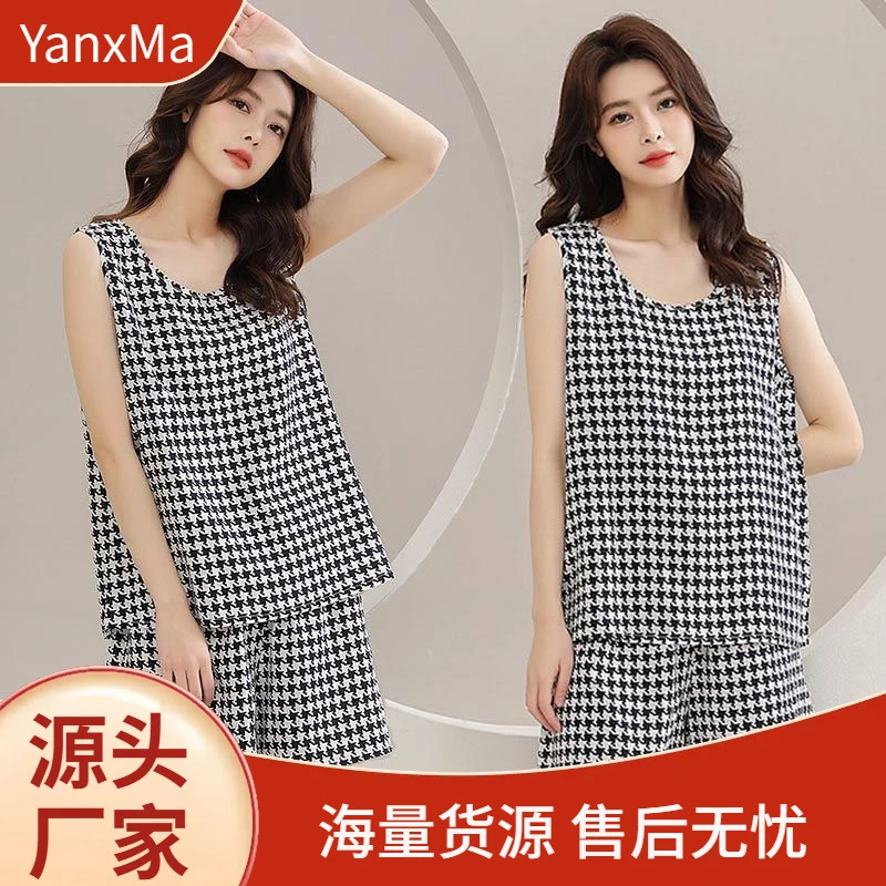 无袖+短裤棉绸睡衣家居服套装上等棉绸睡衣