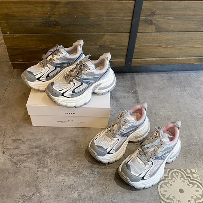 网面透气厚底增高老爹鞋女2025新款时尚拼色高跟运动休闲鞋旅游鞋